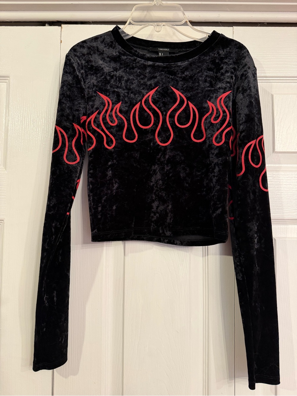 Forever 21 Black Velvet Long Sleeve Crop Top with Red Flame Design